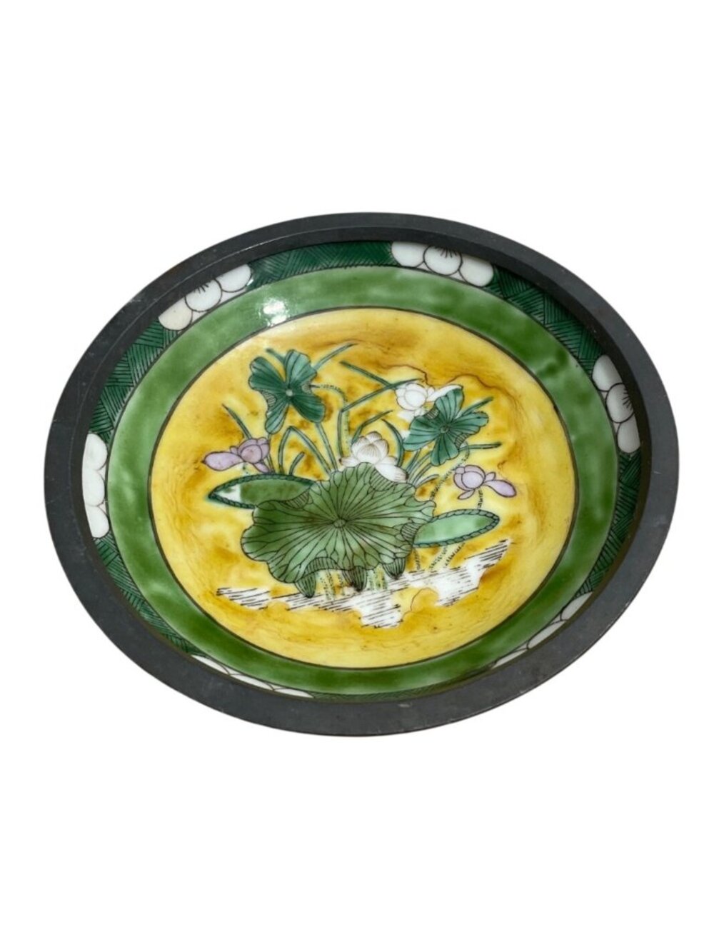 Vtg Hand-Painted Porcelain Bowl Encased in Pewter Signed HH Blank Floral Japan